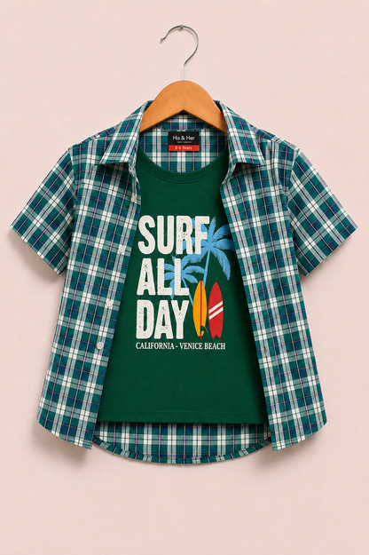 Navy & Green checked [ Surf All Day] Printed  Layered Casual Shirt 211