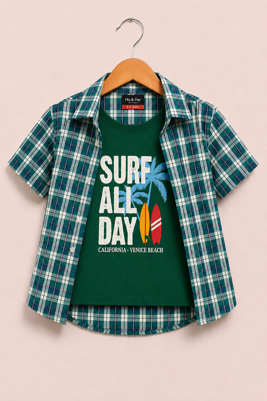 Navy & Green checked [ Surf All Day] Printed  Layered Casual Shirt 211