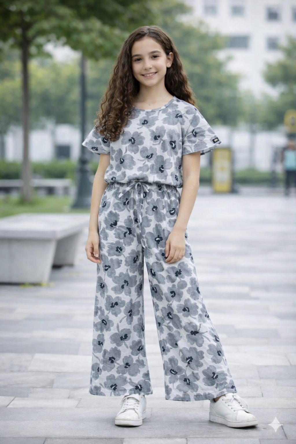 Grey floral printed cotton girls co-ord set with short sleeve top and wide-leg pants, casual outdoor street style Pakistan
