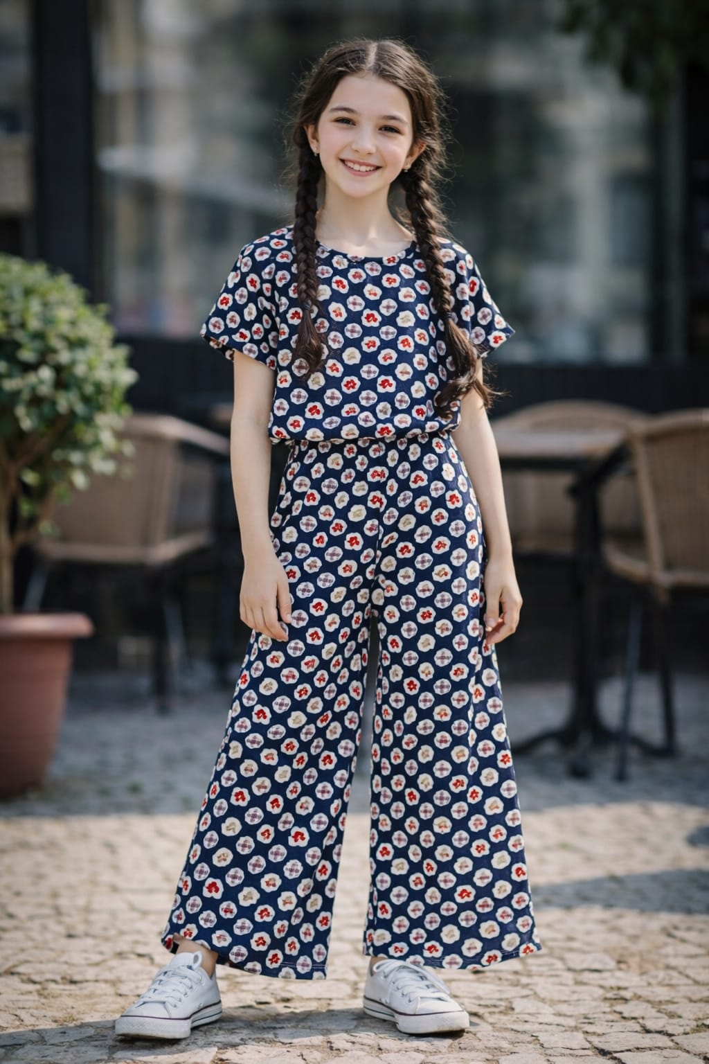 Girls navy blue printed co-ord set with red and white floral dot pattern, casual wide-leg Pakistan Outfit