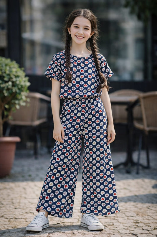 Girls navy blue printed co-ord set with red and white floral dot pattern, casual wide-leg Pakistan Outfit