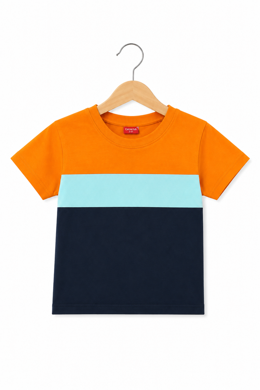 Orange, Sky Blue & Navy Color Block Boys T-Shirt in Soft Cotton Jersey Fabric for Kids | Pakistan