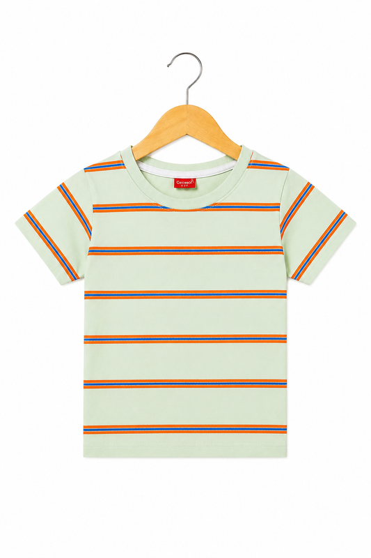 Mint Green & Orange Striped Boys T-Shirt in Soft Cotton Jersey Fabric for Kids | Pakistan