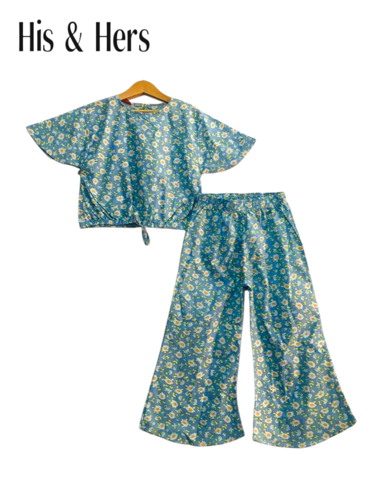 Orange Daisies Allover Print Blue Cotton Girls Co-Ord Set 245