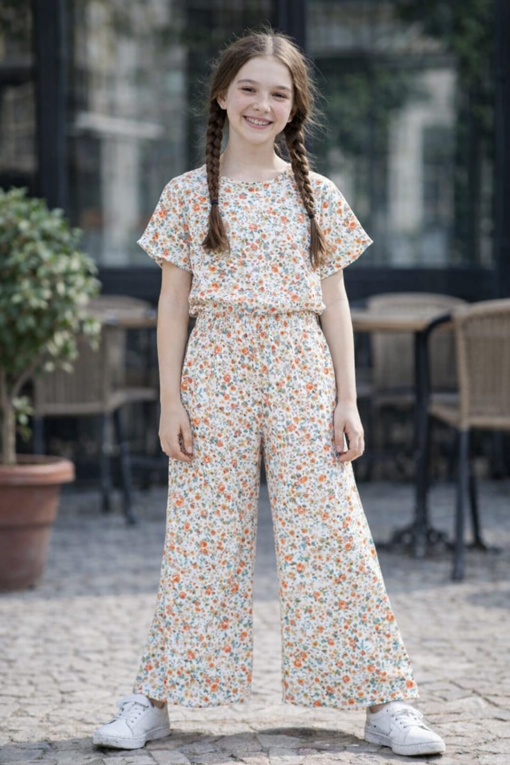 Girls cream floral printed  Co-Ord_Set with orange flower pattern and wide-leg pants, casual cotton summer outfit with white sneakers.
