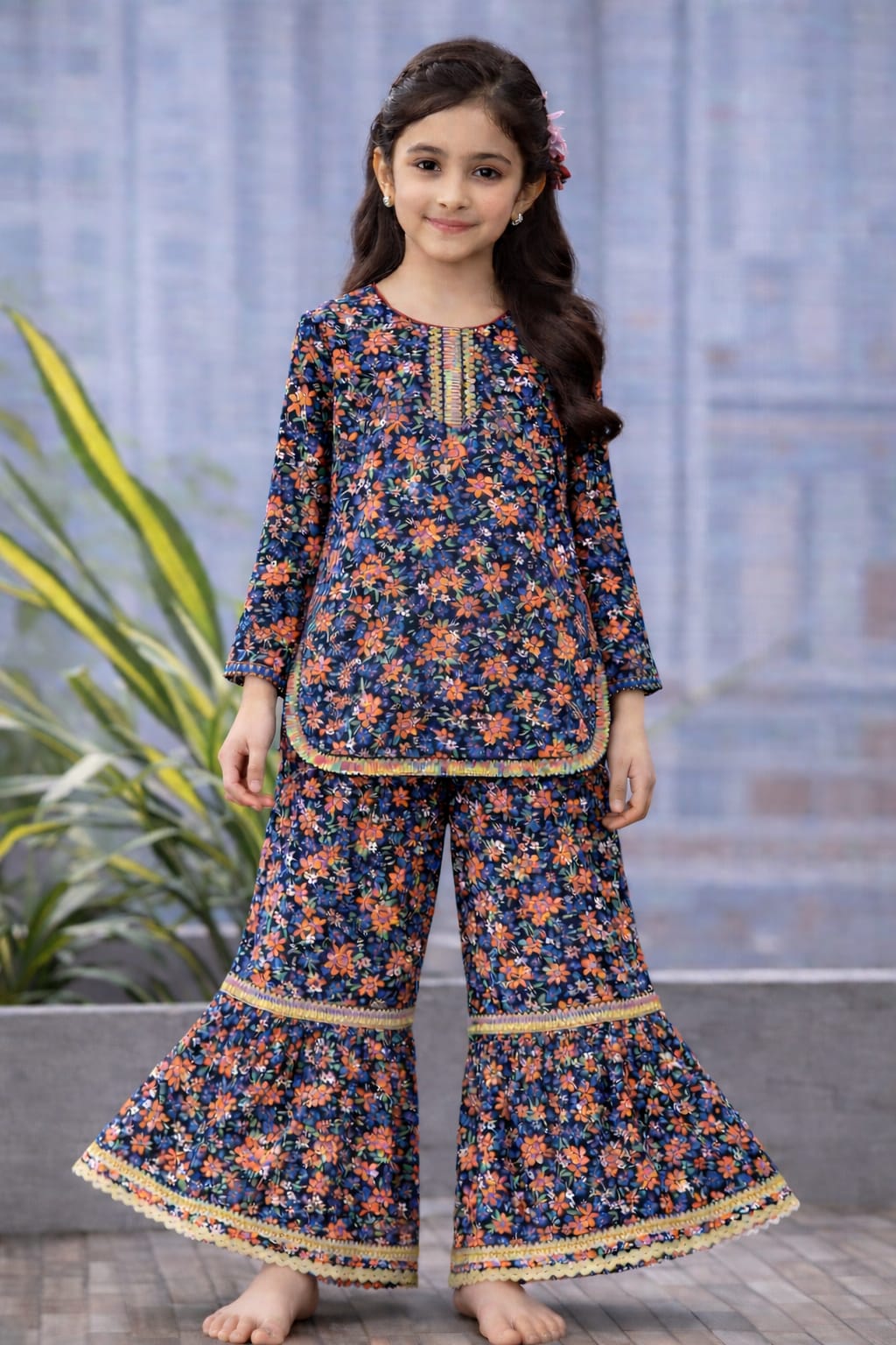 Girls navy blue cotton floral kurti gharara set with multicolor print, Pakistani outfit
