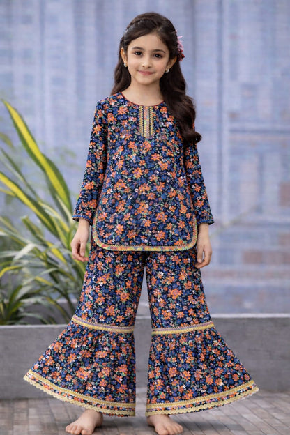 Girls navy blue cotton floral kurti gharara set with multicolor print, Pakistani outfit