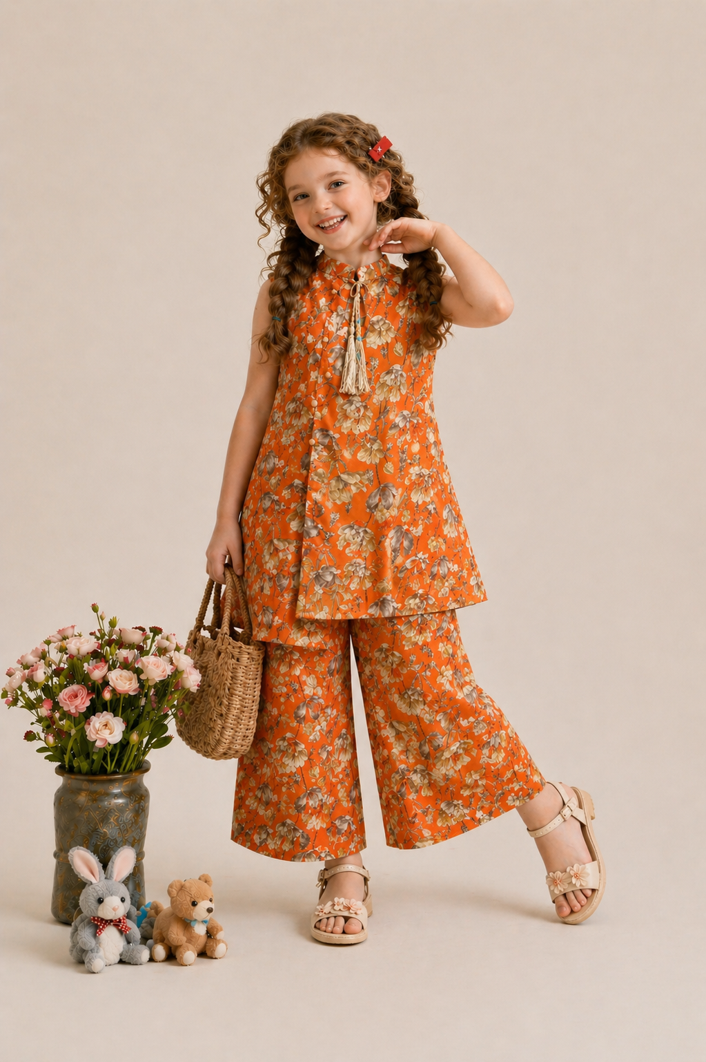 Orange floral cotton kids dress set with pants, sleeveless kurti, studio background.