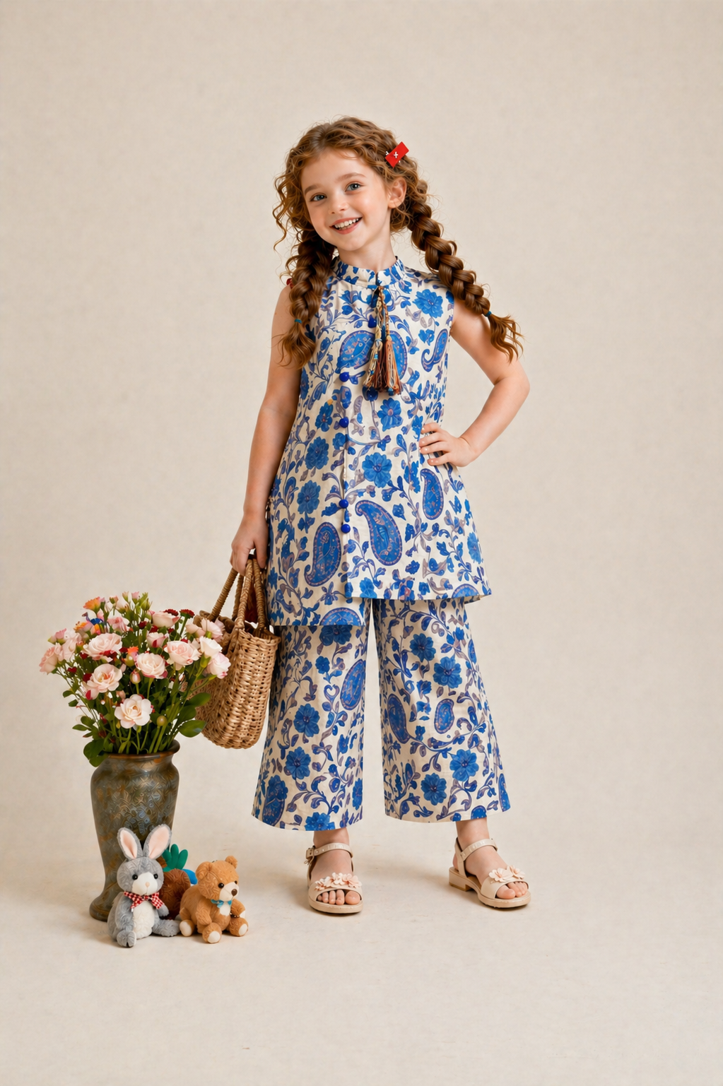 Girls blue floral print cotton kurti pants set kids outfit Pakistan