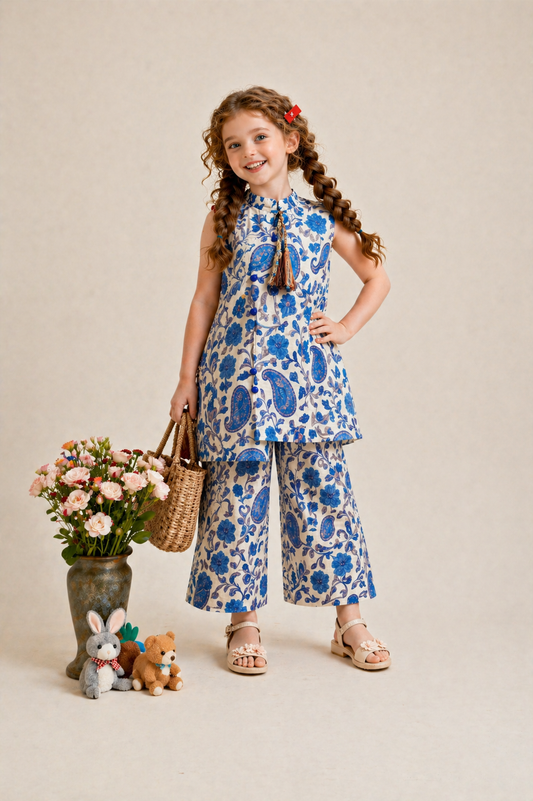 Girls blue floral print cotton kurti pants set kids outfit Pakistan