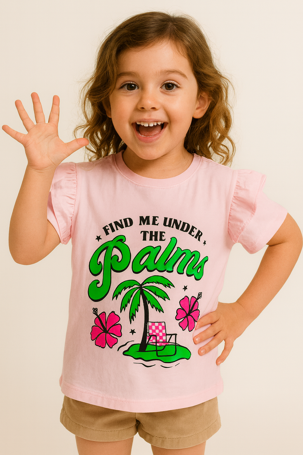 Light pink girls t-shirt with “Find Me Under The Palms” tropical graphic print, flutter sleeves and soft cotton fabric in Pakistan.
