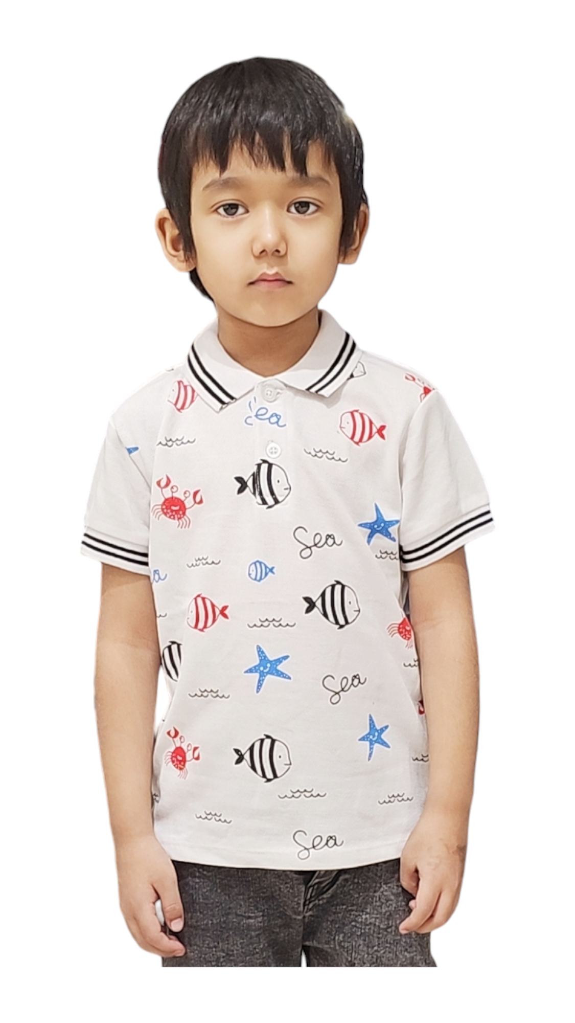Sea Animals Theme Kid's  Black Collar Polo Shirt Boys 105