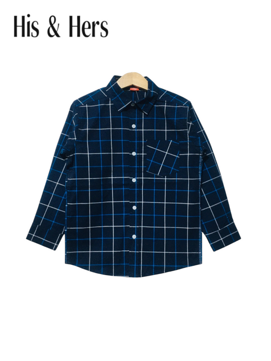 His&Hers Kid's Plaid Button Down Navy Blue Shirts Cotton Long Sleeve Dress Shirt 115