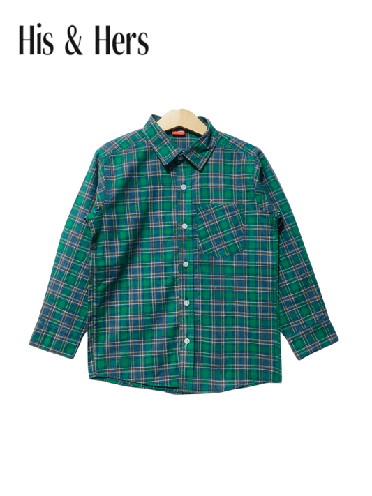 His&Hers Kid's Plaid Button Down Green Shirts Cotton Long Sleeve Dress Shirt 115