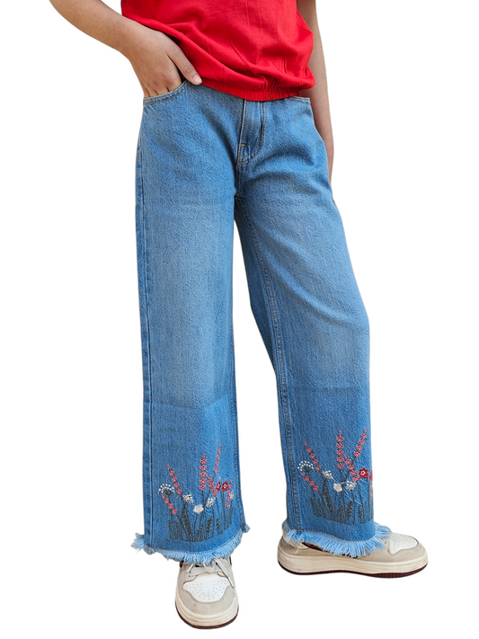 Flower Embroidery Kid's Light Blue Denim Pants Girls 118