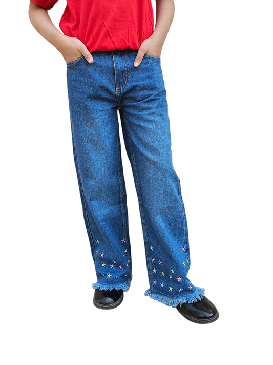 Stars Embroidery Kid's Mid Blue Denim Pants Girls 117