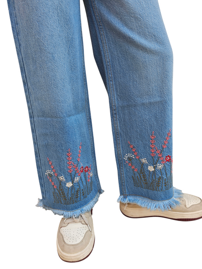 Flower Embroidery Kid's Light Blue Denim Pants Girls 118