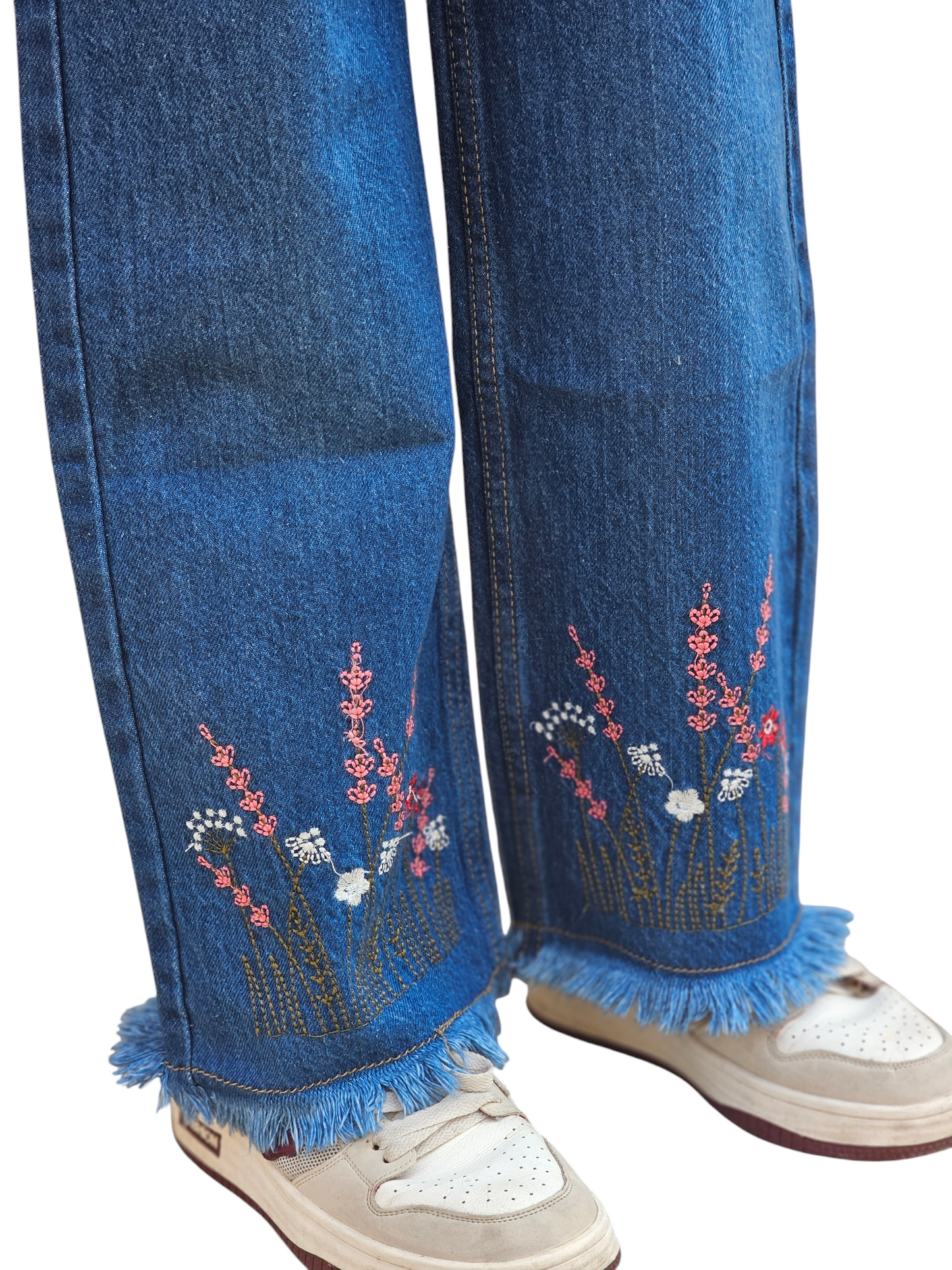 Flower Embroidery Kid's Mid Blue Denim Pants Girls 118
