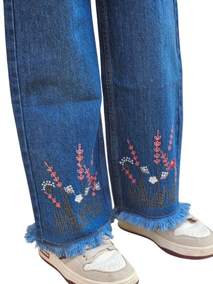 Flower Embroidery Kid's Mid Blue Denim Pants Girls 118