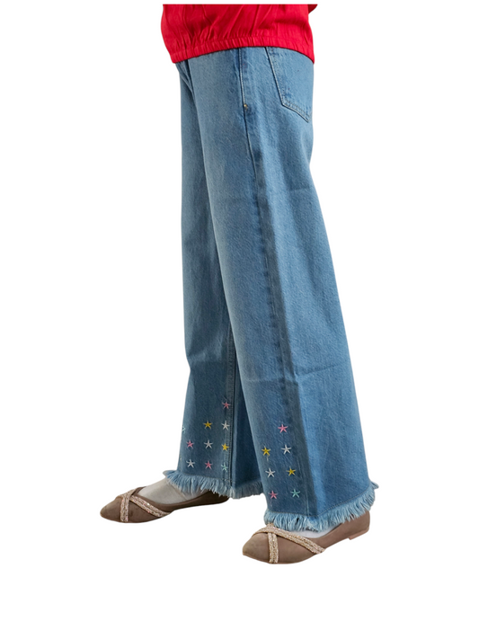 Stars Embroidery Kid's Light Blue Denim Pants Girls 117