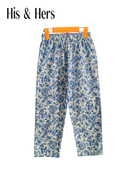 Blue Flowers Allover Print White Cotton Trousers