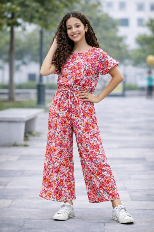 Pink And Orange Flowers White Cotton Girls Co-Ord Set 229