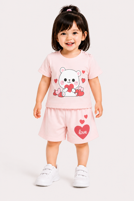 Pink Bear Love Printed Girls Nicker Suit
