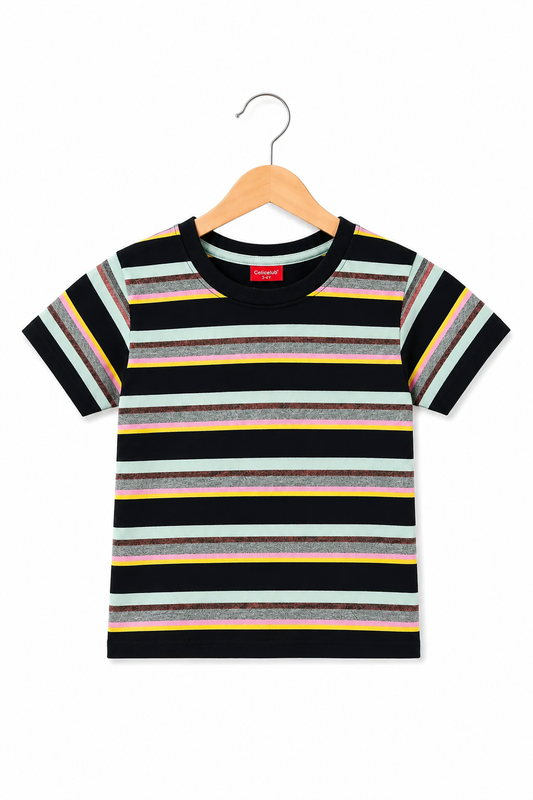 Black & Mint Green Striped Boys T-Shirt in Soft Cotton Jersey Fabric for Kids | Pakistan