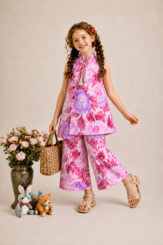 Girls pink floral sleeveless co-ord set with wide-leg pants, stylish summer kids outfit with tassel neck detail, Pakistan 
