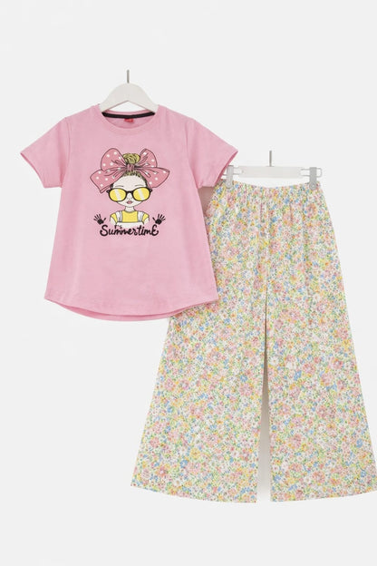 Girls pink printed t-shirt with floral wide-leg trousers co-ord set for kids, casual summer  Pakistan outfit 