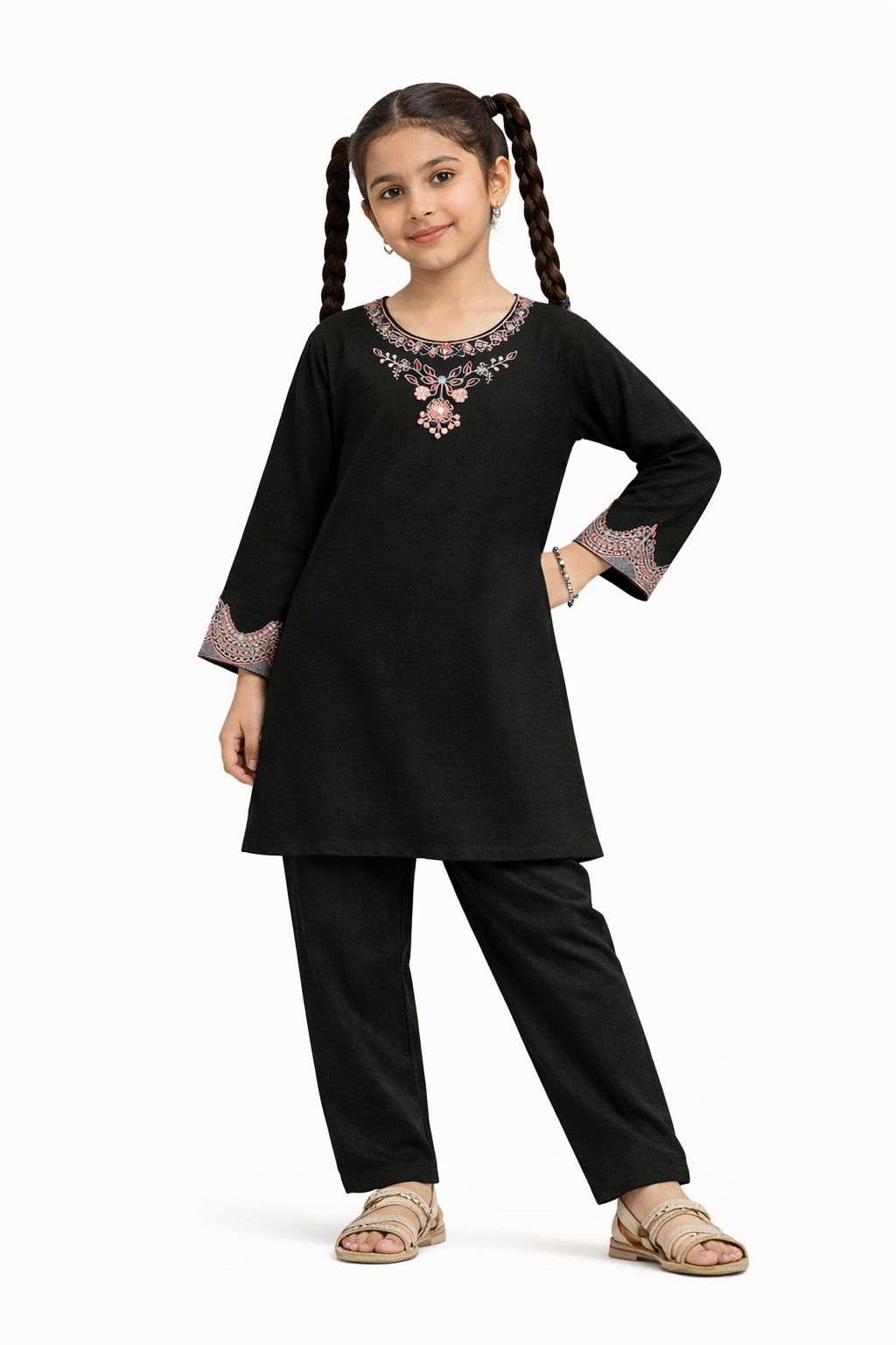 Black cotton 2-piece girls outfit with embroidered kurti and straight pants,  Pakistan
