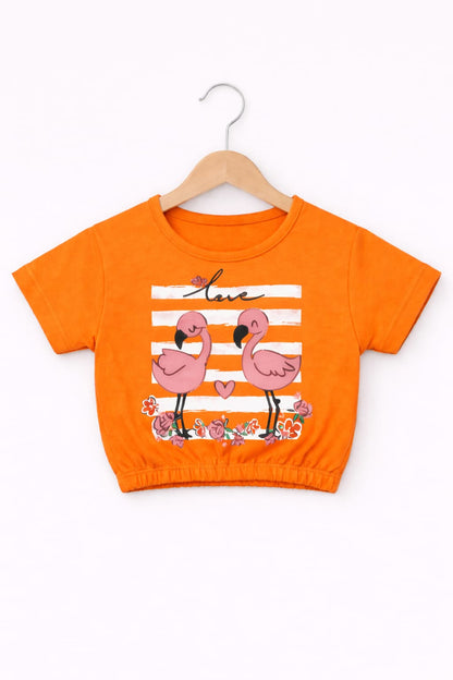 Orange girls flamingo print crop t-shirt with floral and stripe design in Pakistan.
