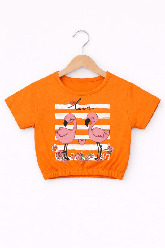 Orange girls flamingo print crop t-shirt with floral and stripe design in Pakistan.
