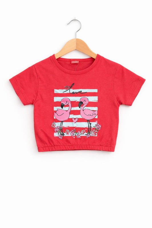 Girls red cotton crop t-shirt with pink flamingo “Love” graphic print and floral design, Pakistan casual summer Kidswear 
