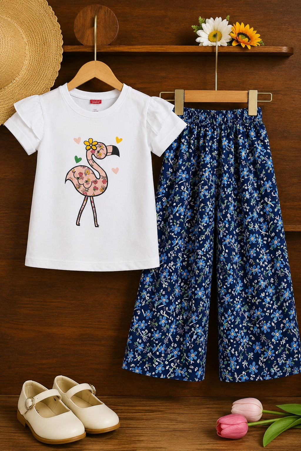 Pink Flamingo Printed  White Girls T-shirt & Cotton Flapper 204