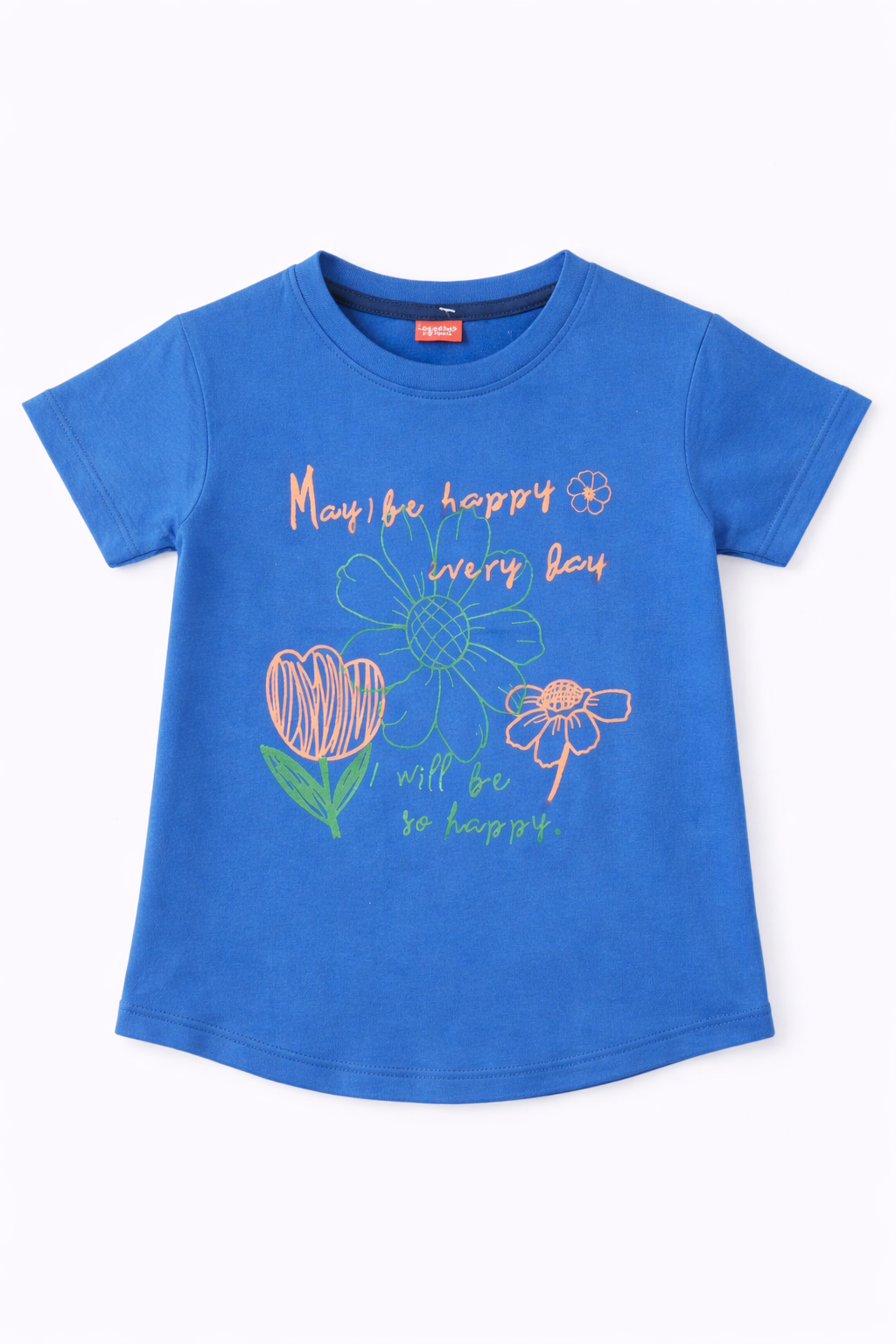 Girls royal blue cotton t-shirt with floral “May be happy every day” graphic print, Pakistan casual short sleeve summer Kidswear 
