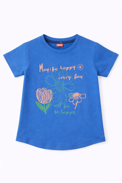 Girls royal blue cotton t-shirt with floral “May be happy every day” graphic print, Pakistan casual short sleeve summer Kidswear 
