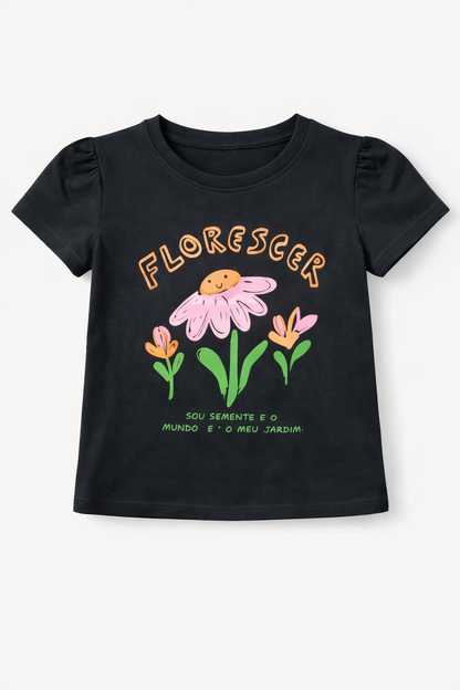 Girls black cotton t-shirt with colorful flower graphic print and puff sleeves, casual short sleeve Pakistan summer Kidswear 
