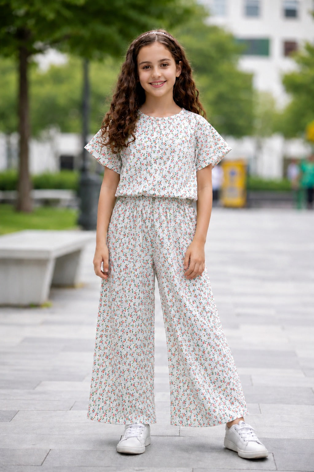 Pink Flowers Printed Light Purple   Cotton Girls Co-Ord Set 718