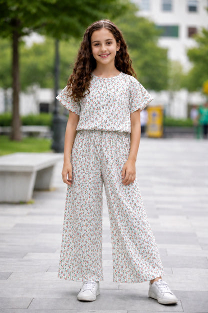 Pink Flowers Printed Light Purple   Cotton Girls Co-Ord Set 718