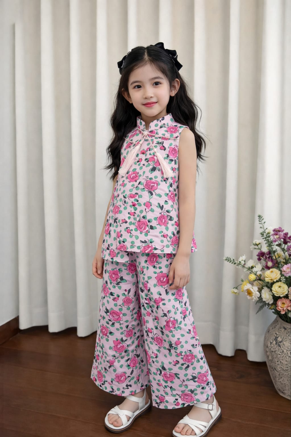 Girls pink cotton floral co-ord set tassel top Pakistan kids outfit