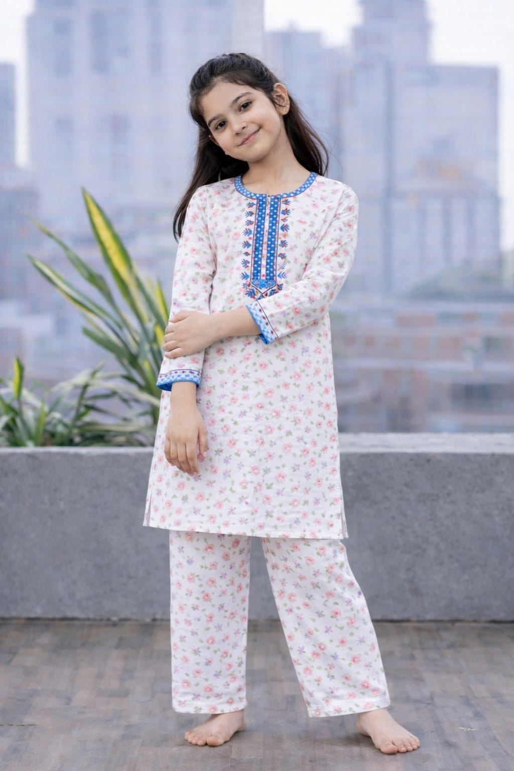 White floral printed cotton 2-piece outfit for girls with blue embroidered neckline kurti and straight pants, balcony setting Pakistan
