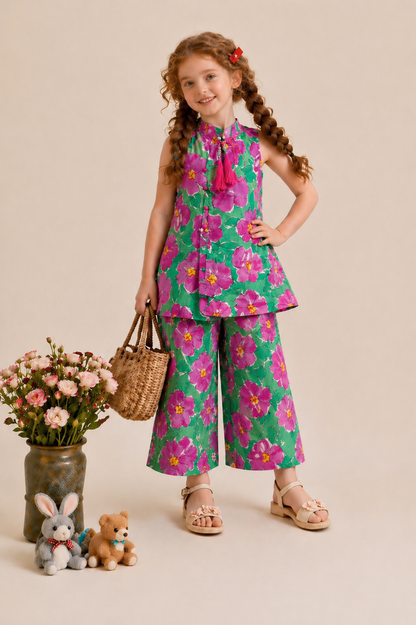 Green floral printed cotton girls co-ord set with sleeveless tassel top and wide-leg pants, Pakistan kids Outfit