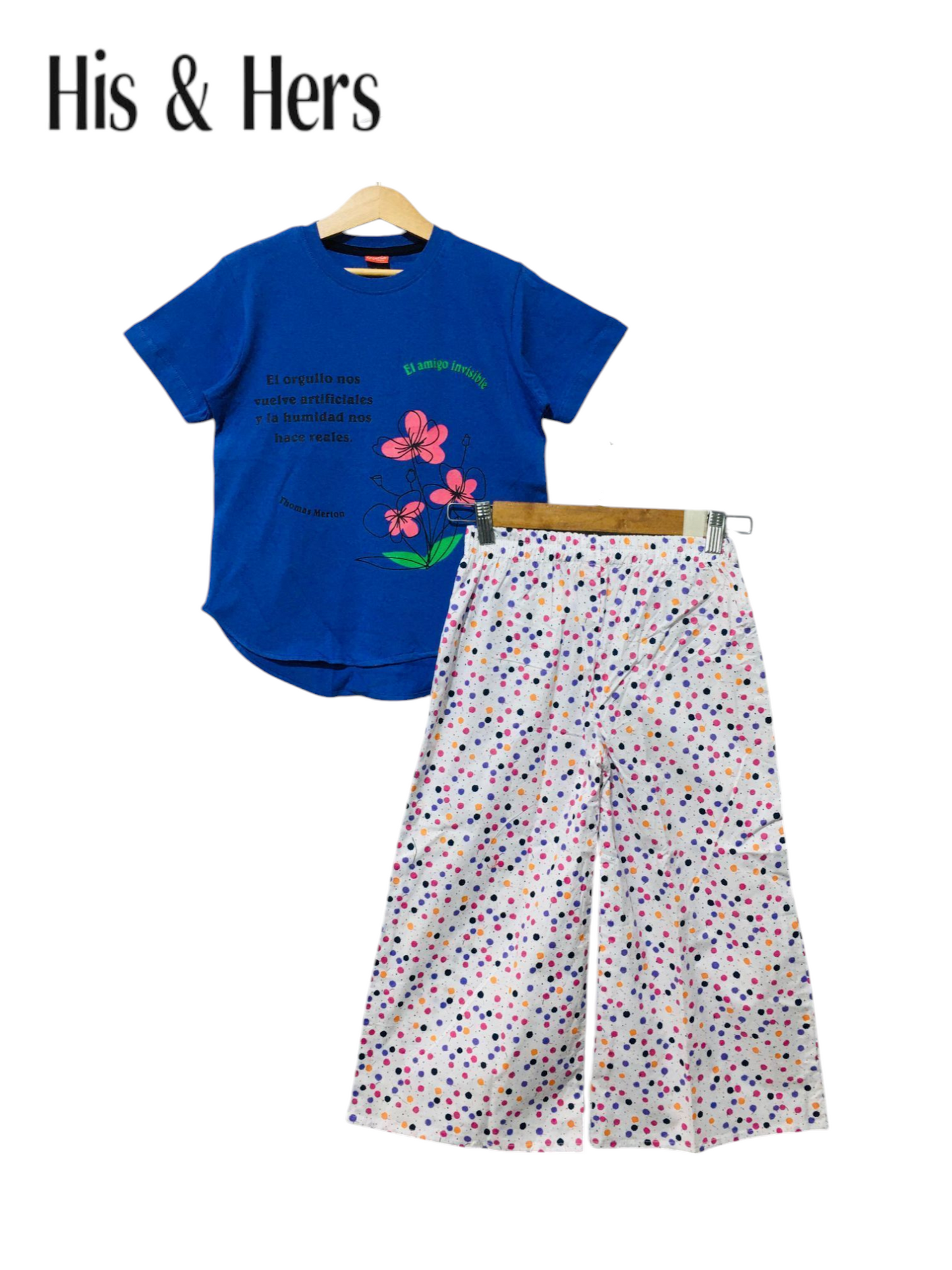 Blue cotton girls co-ord set with floral print short sleeve T-shirt and white polka dot wide-leg pants, Pakistan
