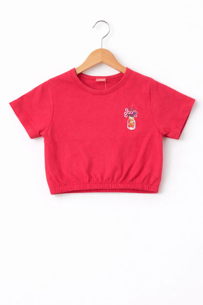 Pink girls crop t-shirt with small floral jar print and elastic hem design in Pakistan.
