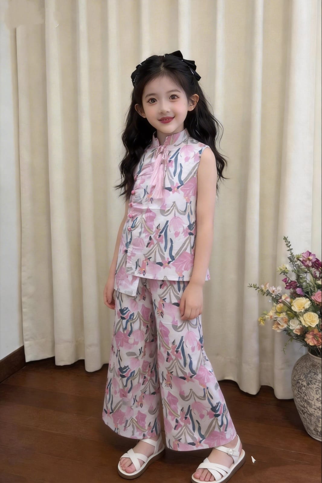 Pink floral girls co-ord set with sleeveless printed top and matching wide-leg pants,  Pakistan
