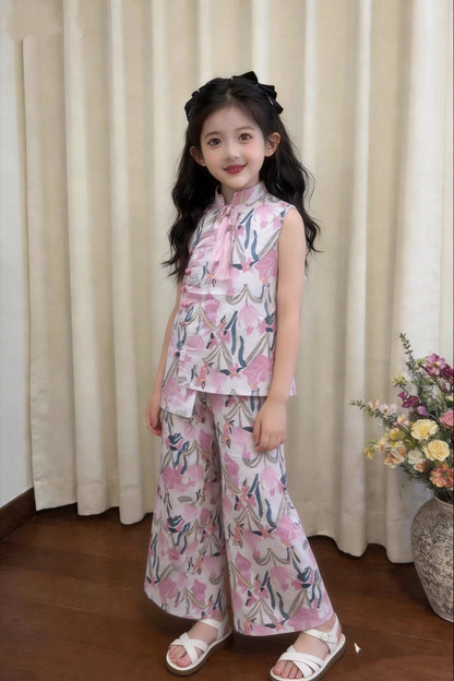 Pink floral girls co-ord set with sleeveless printed top and matching wide-leg pants,  Pakistan
