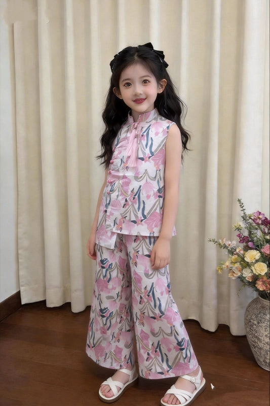 Pink floral girls co-ord set with sleeveless printed top and matching wide-leg pants,  Pakistan
