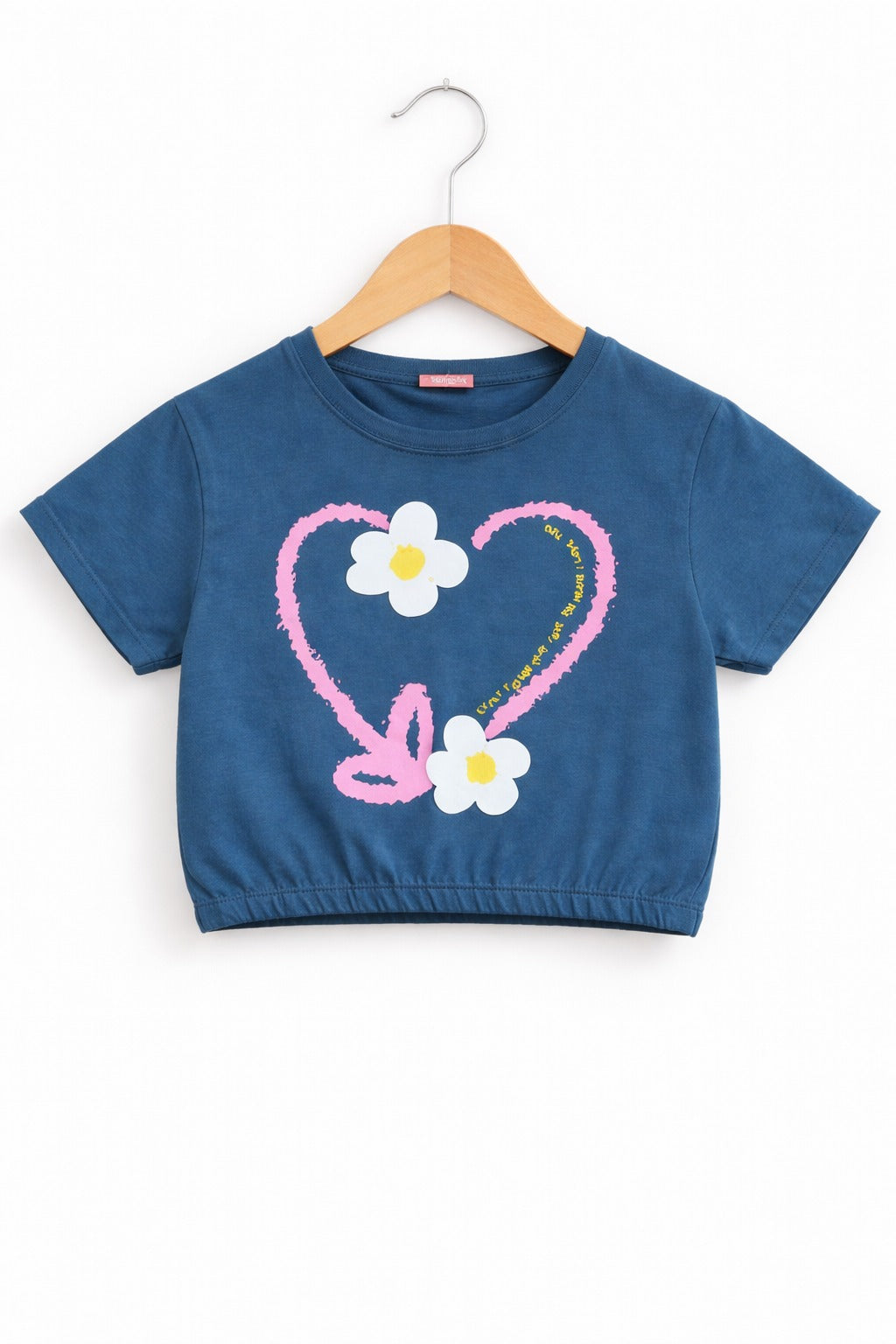 Blue girls crop t-shirt with heart and flower graphic print and elastic hem design in Pakistan.
