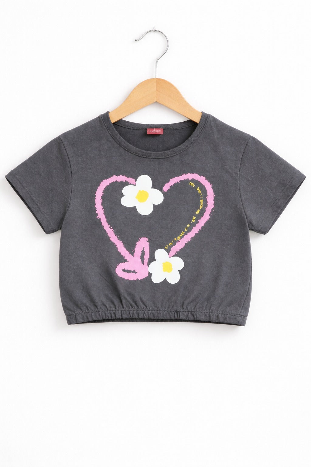 Girls grey cotton crop t-shirt with pink heart and white flower graphic print, Pakistan casual summer Kidswear 
